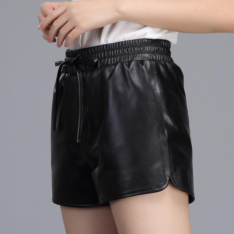 Spring Casual Genuine Leather Womens Trousers Streetwear High Quality Comfort Shorts Waist Slim Wide Leg Lace Up Short Women's