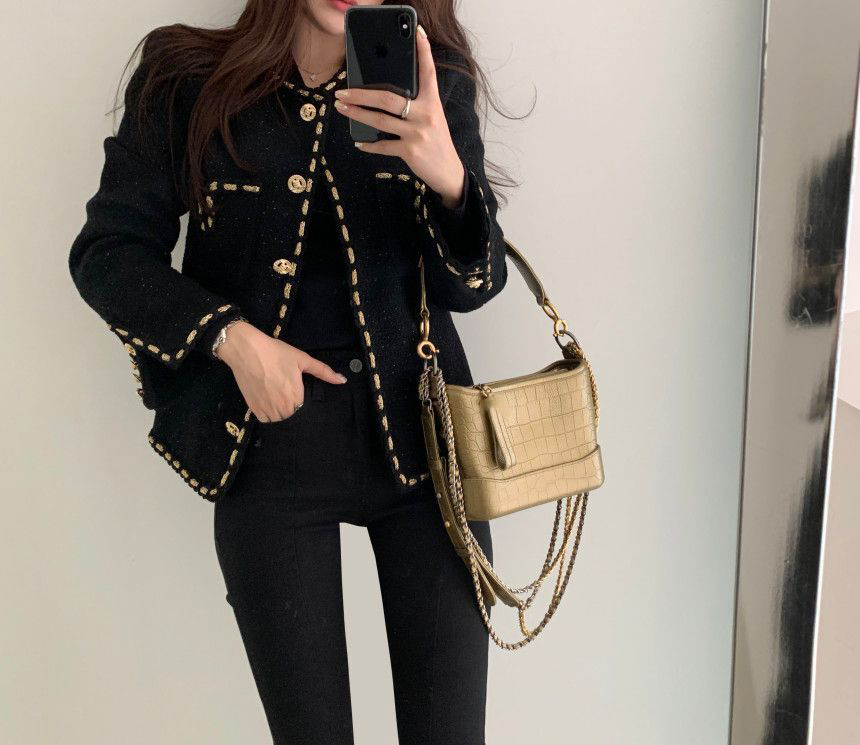2021 Autumn new design womens o-neck long sleeve tweed woolen solid color gold buttons decoration OL fashion jacket coat