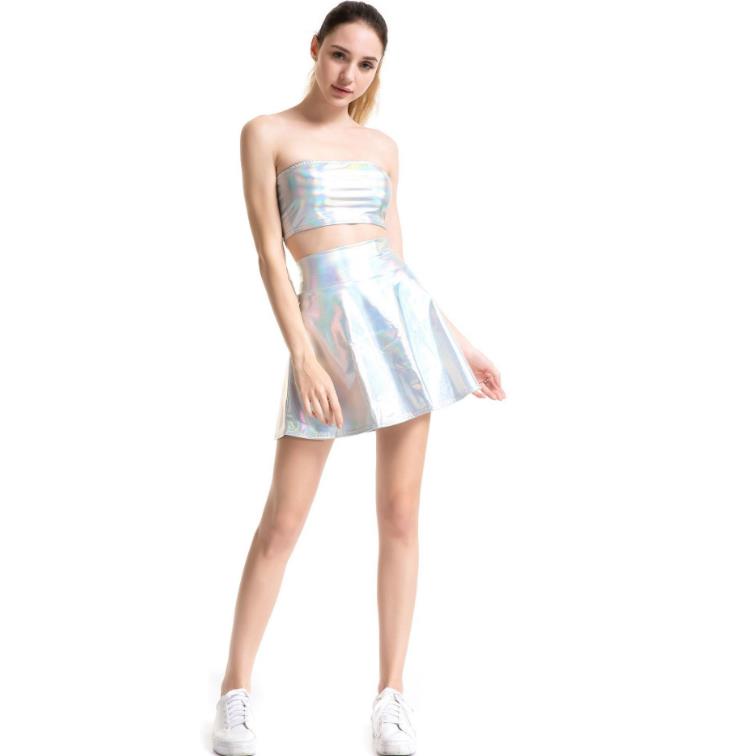 Women's Metallic Skirt Shiny Party Flared Pleated Mini Dress Skater Skirts Stage Wear Above Knee S-XXL Gold Silver Green Pink