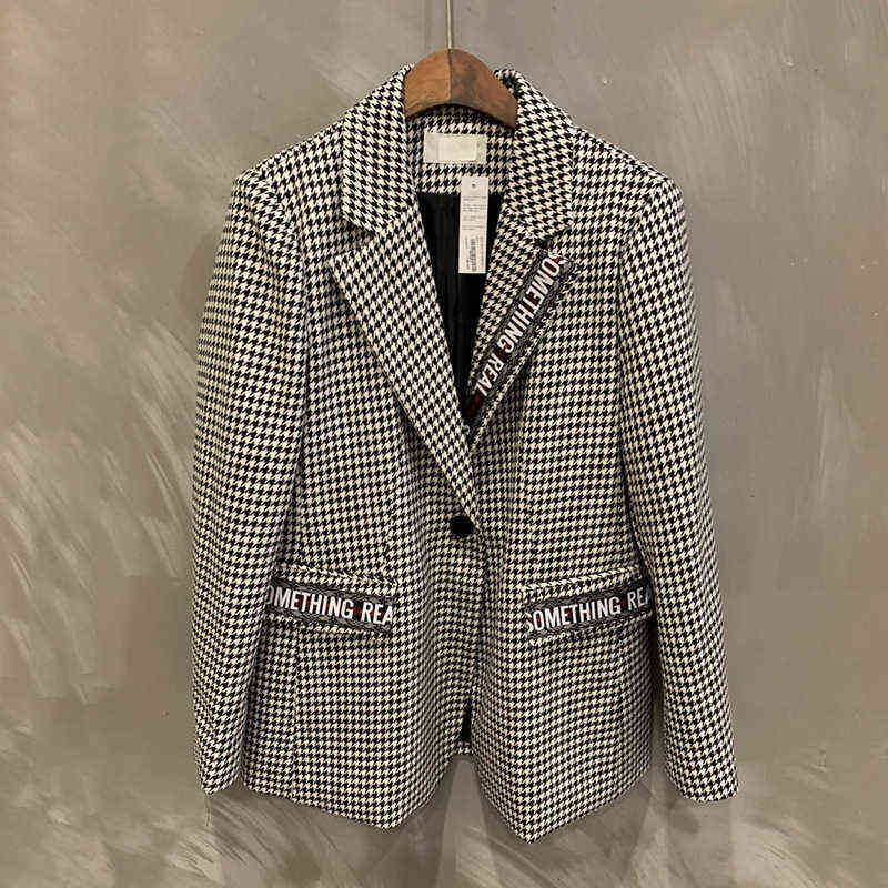 Autumn and Winter Lace-up Houndstooth Woolen Blazer Women's Loose Grid Retro Small Suit Wool Coat Ladies 211122