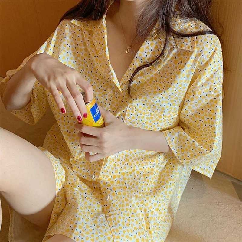 QWEEK Korean Pajamas Girls Women Home Suit Female Set Woman 2 Pieces Sleepwear Summer Floral Print Pijama Short Sleeve Pyjamas 210924