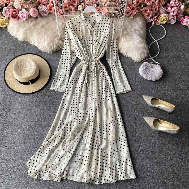 LoveFlowerLife Spring Autumn Vintage Polka Dot Floral Print Skim Dress Stand Collar Full Mid Calf High Waist Women Dresses 210521