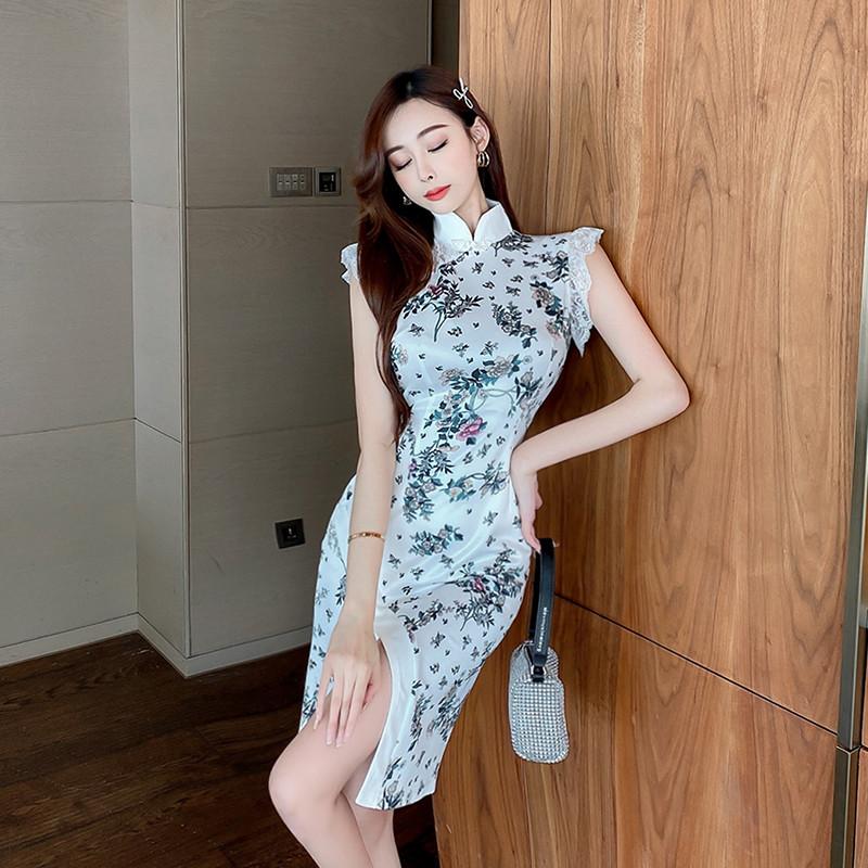 Real S 2021 Fashion Women's Sexy Printed Cheongsam Belly Slimming Retro Split Dress Casual Dresses