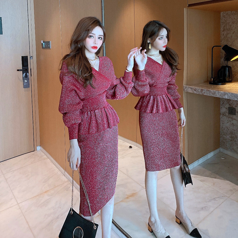 Autumn Winter Women Two Piece Set Shinning Knitted Bat Sleeve Sweater + High Waist Bodycon Skirt Suits 210520