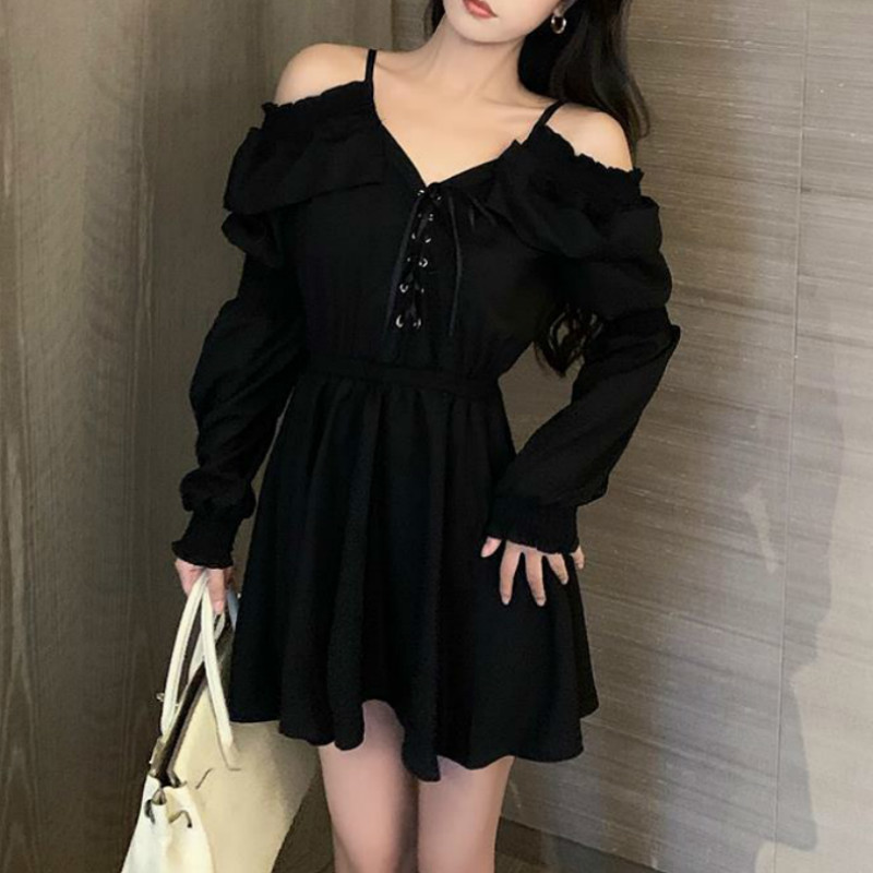Gothic Black Dress Women Casual Button Lace Evening Party Sexy Mini Dress Female Long Sleeve Dress Korean Autumn 210521