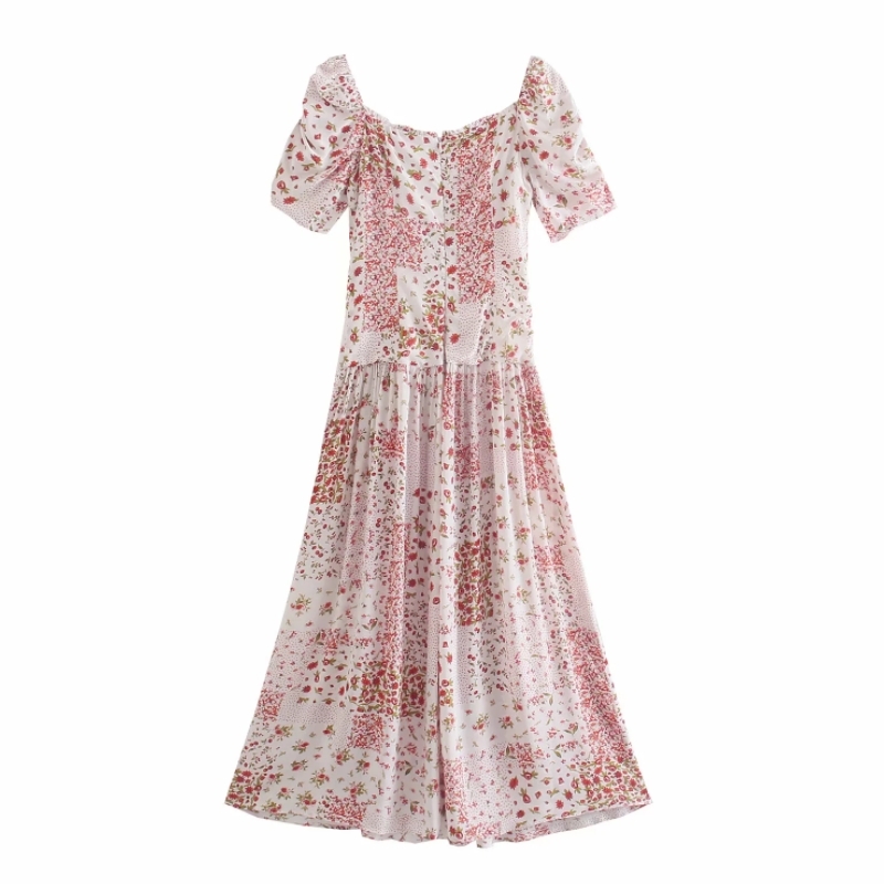 Summer Women Patchwork Print Side Slit Midi Dress Female Square Collar Puff Sleeve Clothes Casual Lady Slim Vestido D7728 210430Z