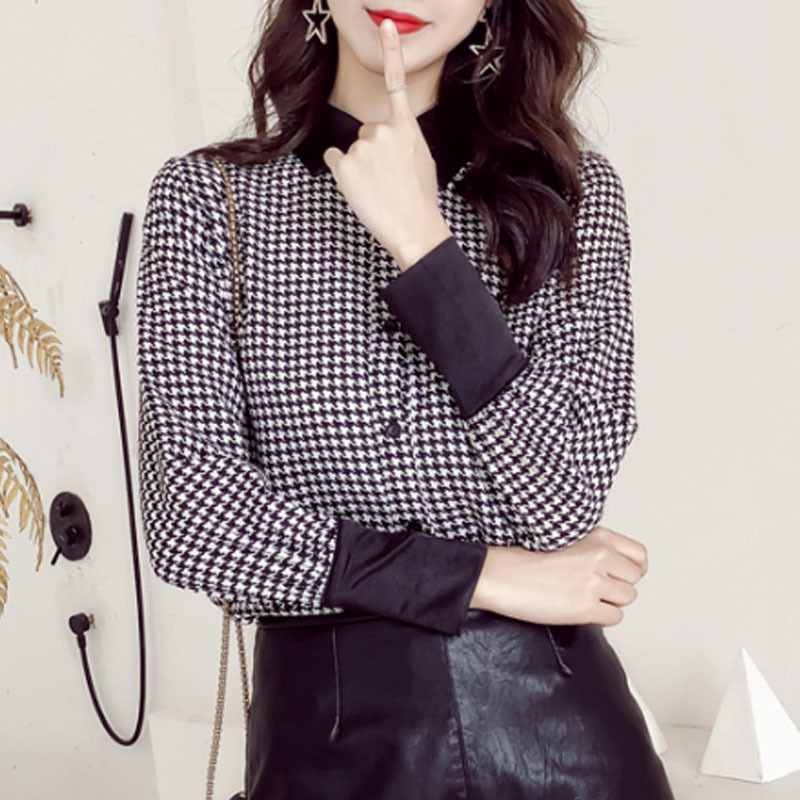 Autumn Fashion Women Blouses Casual Turn-down Neck Tops Long Sleeve Lattice Shirt Office Lady 5705 50 210508