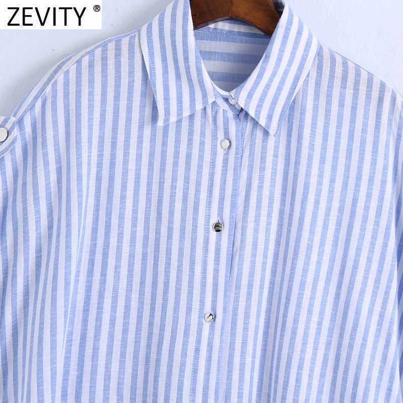 Zevity Women Vintage Striped Print Loose Smock Blouse Office Lady Short Sleeve Side Split Casual Shirts Chic Blusas Tops LS9352 210603