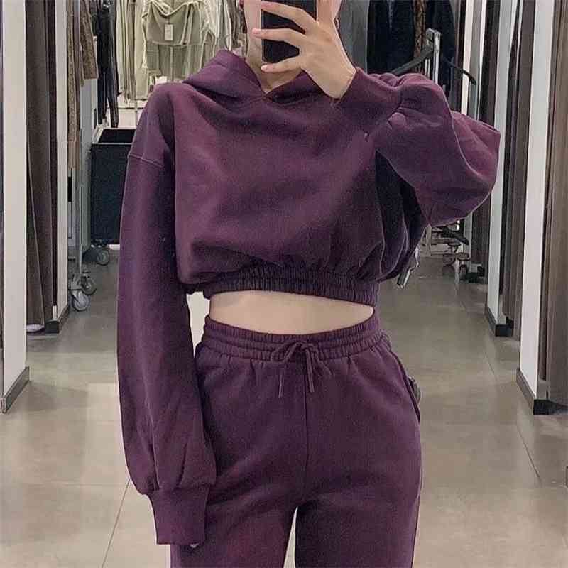 Causal Women Sport Purple Hoodies Fashion Ladies Solid Short Tops Streetwear Female Chic Elastic Waist Pullovers 210430