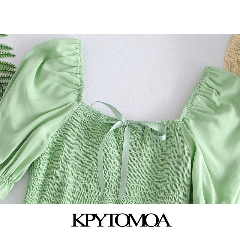 Women Sweet Fashion Elastic Smocked Ruffled Mini Dress Square Collar Puff Sleeves Female Dresses Vestidos 210420