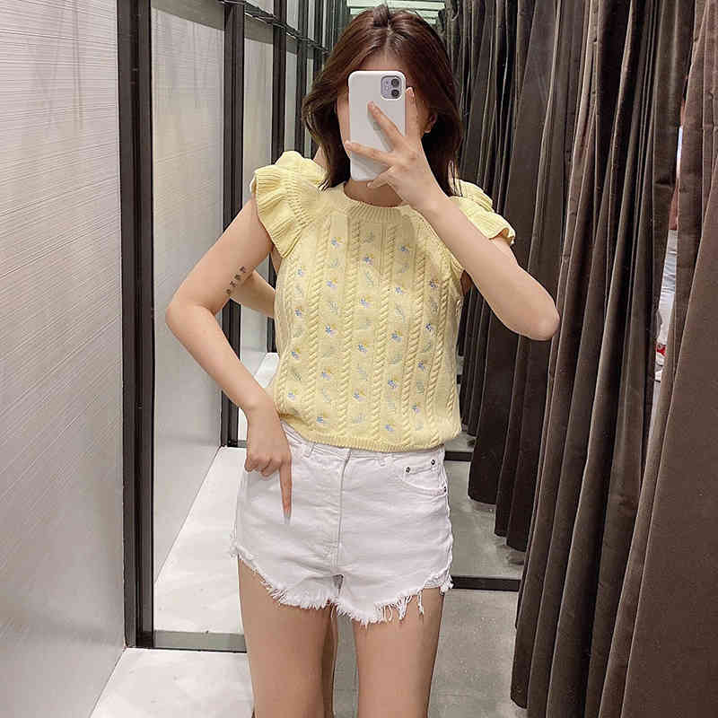 Women Chic Floral Embroidery Tank Tops Summer O Neck Fashion Camisole Yellow Casual Knitted Female Ropa Mujer 210515