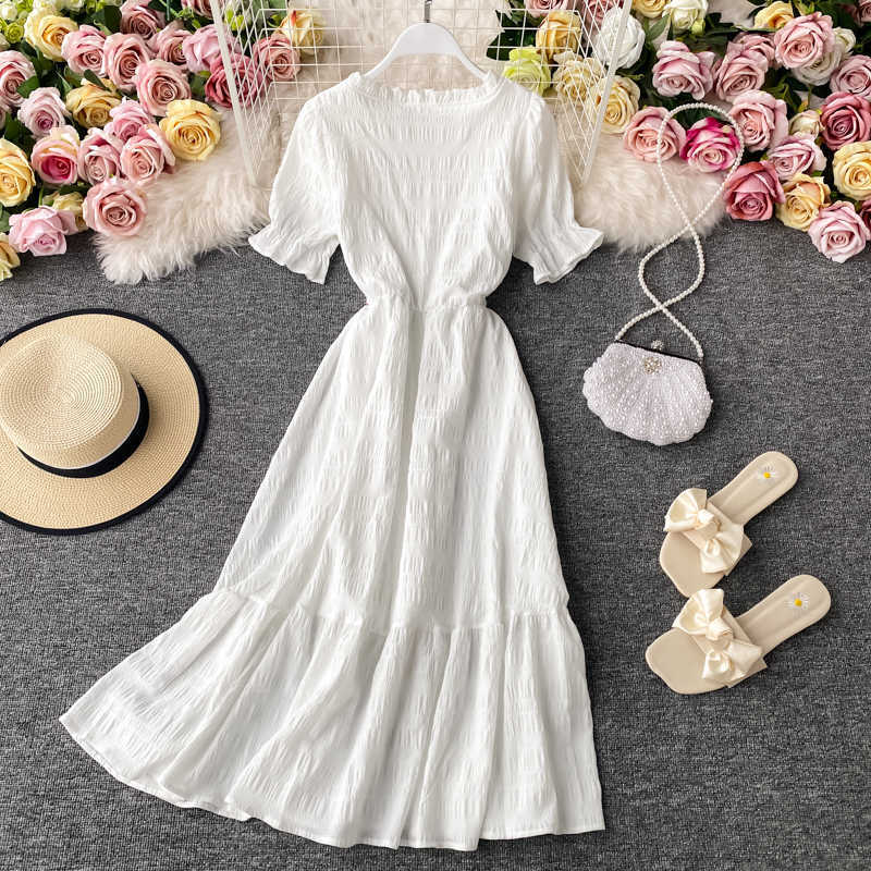 Women White Dress Summer Elegant V-neck Single-breasted Short Flare Sleeve Vintage Dresses Female Korean Chic Robe Mujer 210630