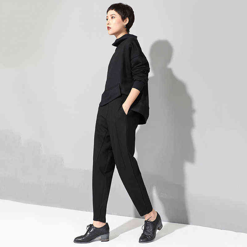 Spring Autumn High Elastic Waist Black Loose Patchwork Split Joint Brief Pants Women Trousers Fashion JQ013 211115