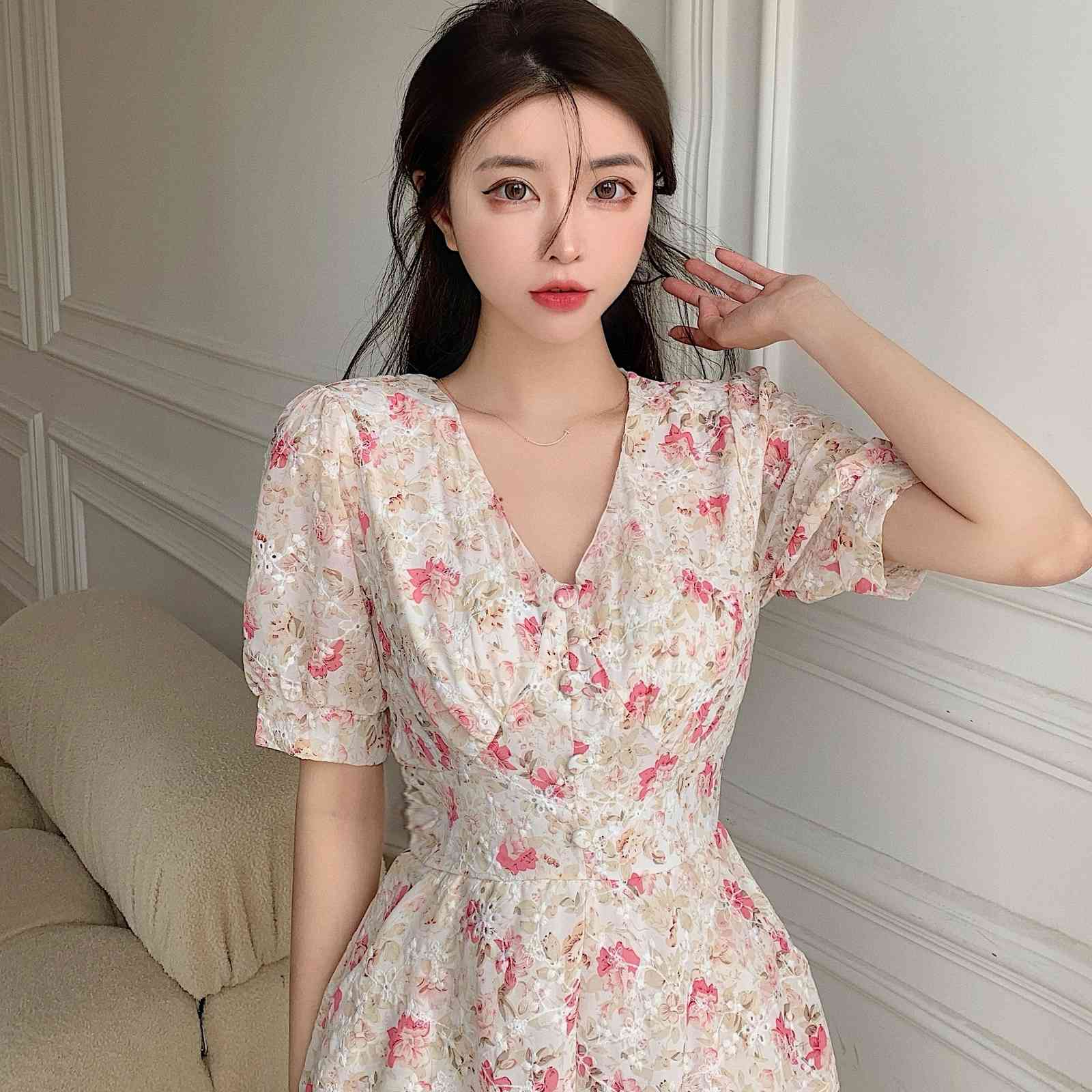 Elegant Flower Print Slim Jumpsuit Women High Waist Wide Leg Bodysuit V-Neck Short Sleeve Playsuit Summer 210519