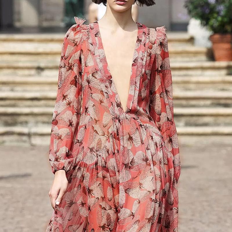Casual Dresses Sexy Deep V-neck Long Sleeve Chiffon For Women Spring Autumn Vintage Pink Floral Printed Maxi Dress Female AAA Discount for in-store pu