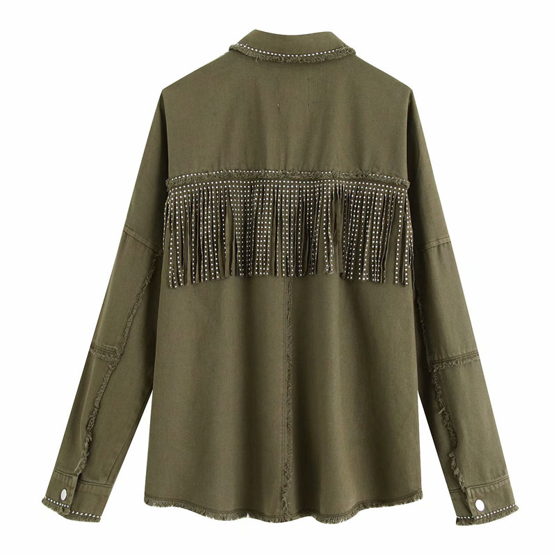2109 Autumn Tassel Rivet Single-breasted Women's Jacket Tops Vintage Frayed Lapel Long Sleeve Army Green Denim Female Coat 210507