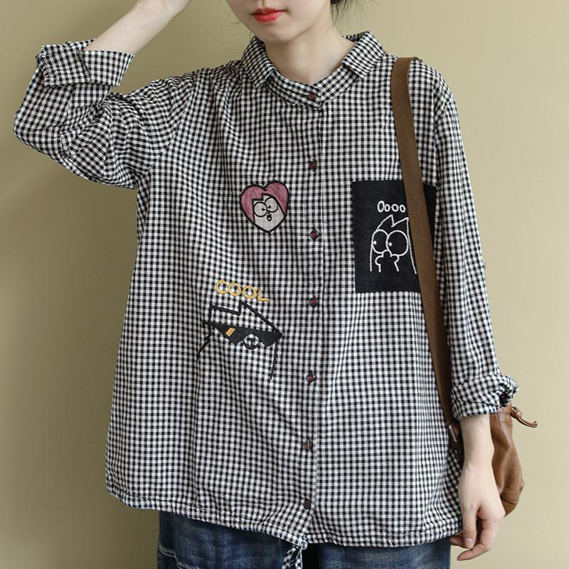 Spring Arts Style Women Long Sleeve Loose Shirts all-matched Casual Plaid Turn-down Collar Blouses Blusa Feminina S611 210512