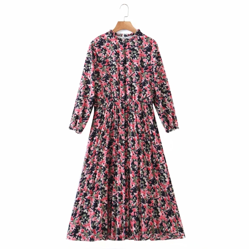 Summer Women Flower Printing Elastic Waist Midi Dress Female O Neck Three Quarter Sleeve Clothes Casual Lady Loose Vestido D7378 210430