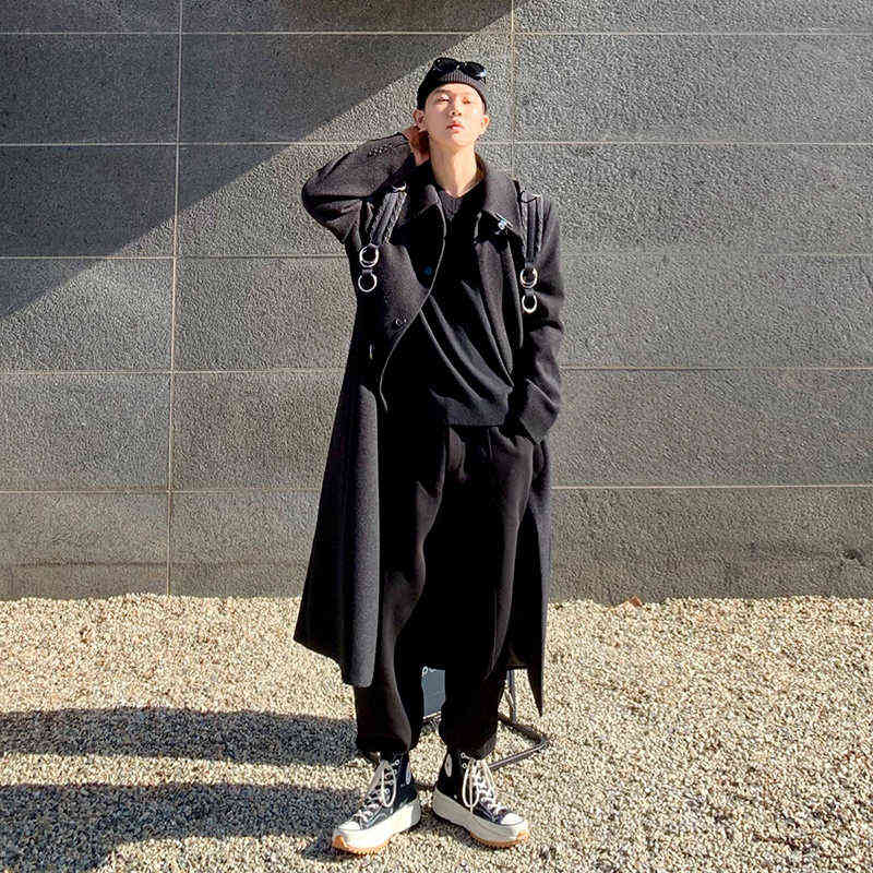 IEFB Black Single Button Thrn Down Collar Woolen Coat Autumn Winter Men's Medium Length Thick Korean Trendy Coat 9Y5236 211122