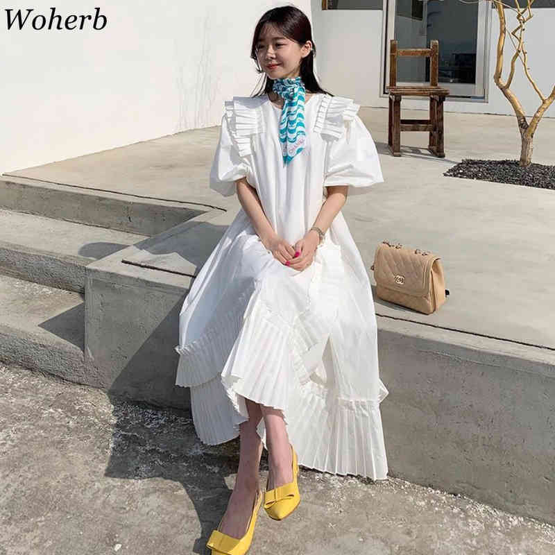 Retro Maxi Dress Ruffles Chic Short Puff Sleeve Female All Match High Street Fashion Vintage Elegant Long Pleated Dresses 210519