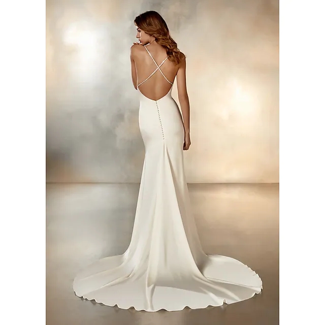 2022 Bridal Gown Mermaid Wedding Dresses With Cap Sleeves Spaghetti Strap Simple Sexy Backless Beads Vestido De Noiva Robe De Mariage