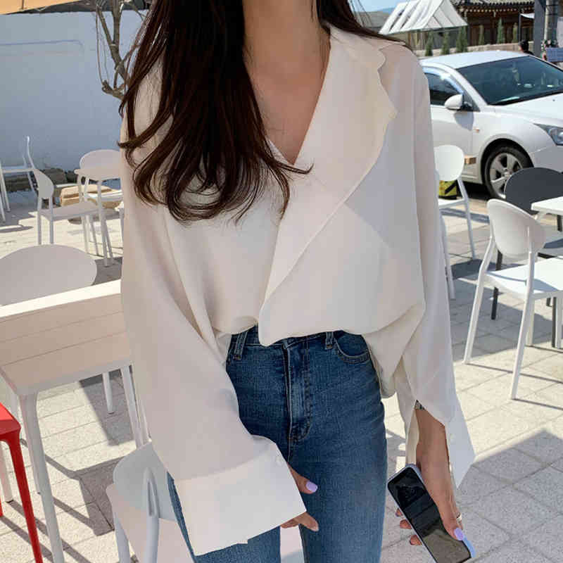 Minimalist Sunscreen Blouse Women's Summer V-necl Cross Loose Long Sleeve Solid Color Shirt Female 5C471 210427