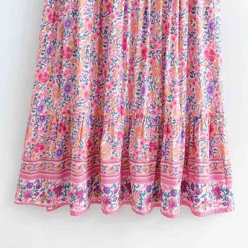 beauty Fashion Boho Pink Floral Print Midi Dress Women Beach Chic Vintage Long Dresses Female Summer Holiday Wear 210514