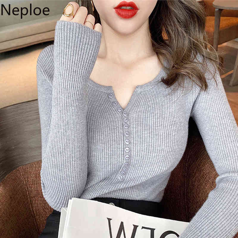 Neploe V Neck Sweater for Women Fashion Korean Slim Tops Long Sleeve Knitted Pullovers Elegant Lady Sweaters Knitwear Fall 210422