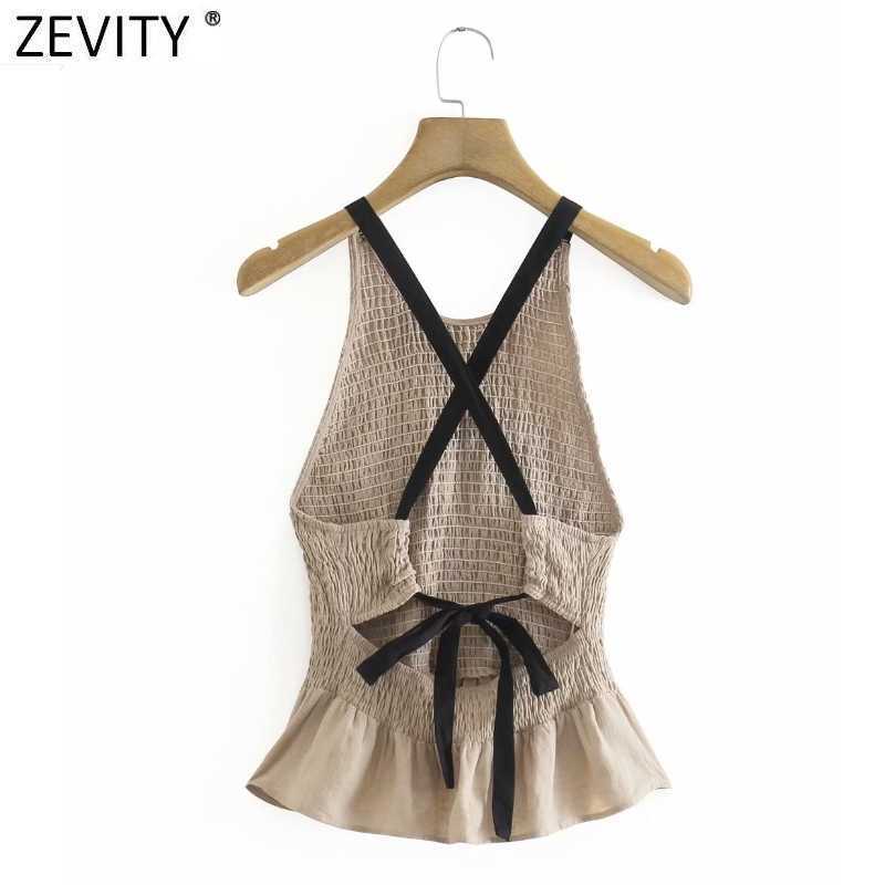 Zevity Women O Neck Elastic Short Smock Blouse French Female Sexy Backless Cross Lace Up Ruffles Shirt Chic Crop Tops LS9273 210603