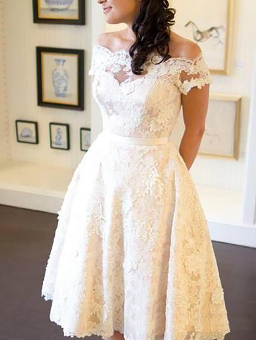1950s Vintage Tea Length Wedding Dress Off Shoulder Short Sleeve Full Lace A Line Short Bridal Gowns Custom Size 2021