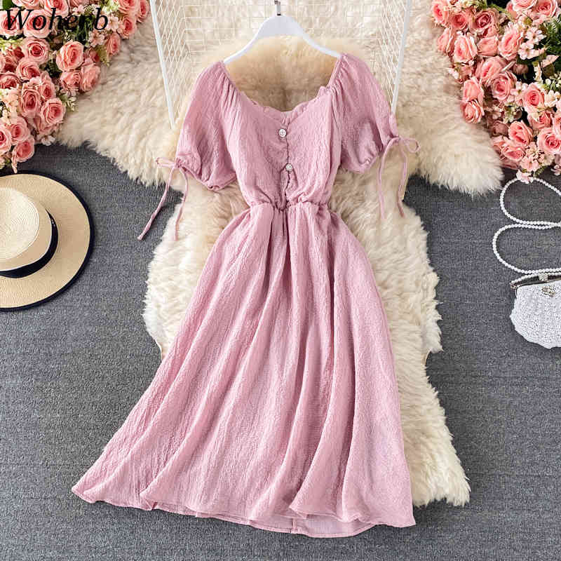 Sweet Dress Women Summer V-neck Slim Waist A-line Vestidos Pleated Puff Sleeve Lace-up Dresses Vintage Robe 4i831 210519