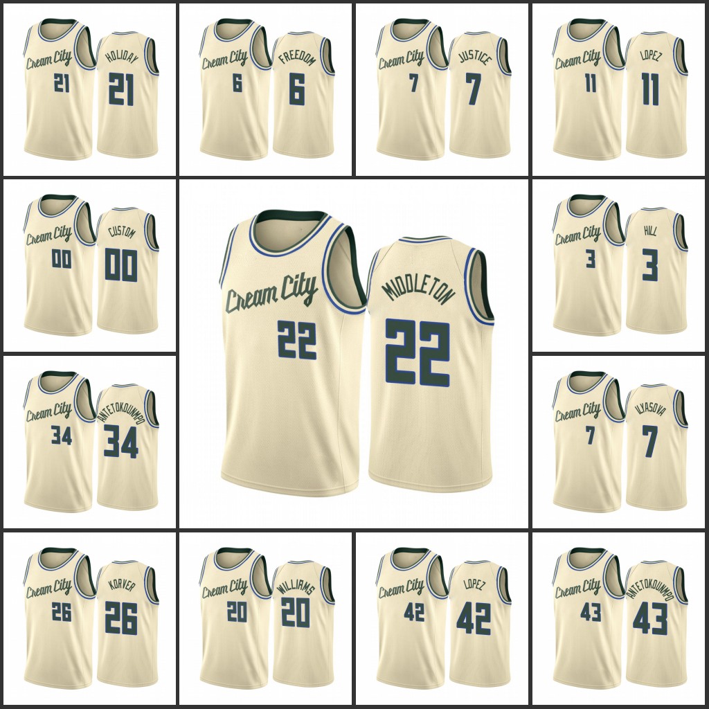 Men MilwaukeeBucksGiannis Antetokounmpo Khris Middleton Jrue Holiday Brook Lopez CustomCityEditionCream Jersey
Men MilwaukeeBucksGiannis Antetokounmpo Khris Middleton Jrue Holiday Brook Lopez CustomCityEditionCream Jersey