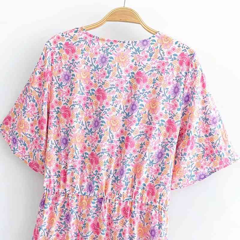 beauty Fashion Boho Pink Floral Print Midi Dress Women Beach Chic Vintage Long Dresses Female Summer Holiday Wear 210514