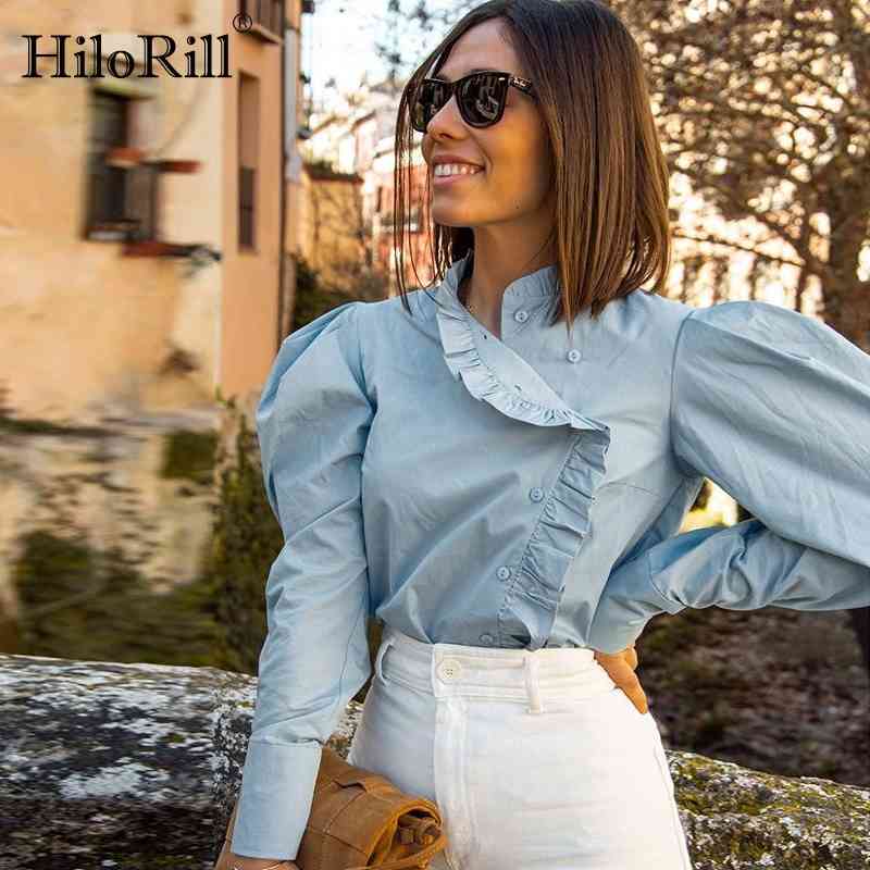 Women Puff Long Sleeve Blue Blouse Retro Vintage Ladies Office Solid Ruffles Shirt Streetwear Casual Cotton Tops Blusas 210508