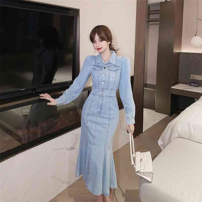 Spring Vintage Elegant Long Denim Dress Female Slim Single-Breasted Trumpet Mermaid Women's Robe 210520