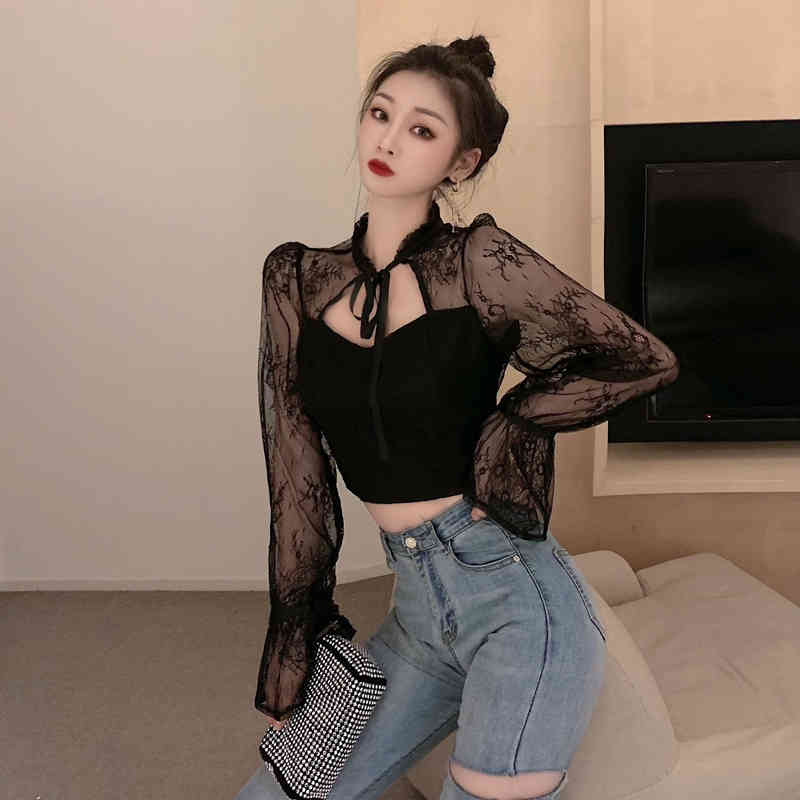 Nomikuma Korean Perspective Patchwork Lace Shirt Korean Bow Tie Stand Neck Flare Long Sleeve Blouse Spring New Blusas 6D730 210427