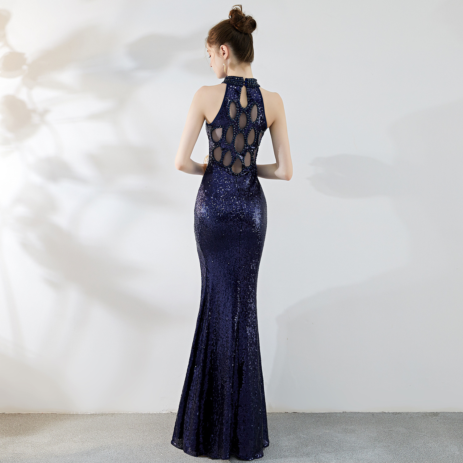 Split High Neck Fishtail Skirt Slim Fitting Evening Bridesmaid Dress rose gold sequins Banquet Model Junior Bridesmaid Dresses