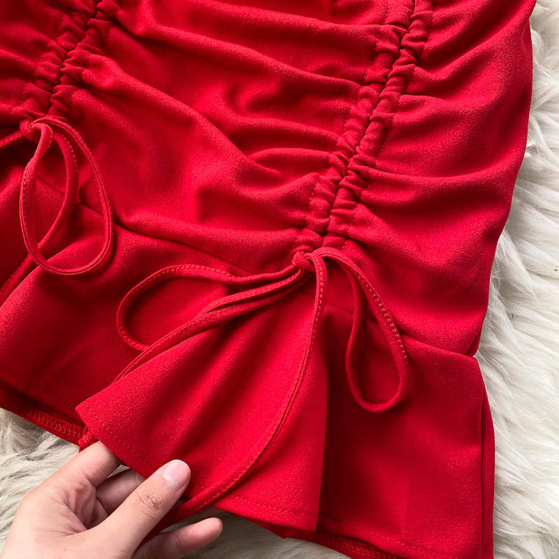 New Sexy V-neck Spaghetti Strap Sleeveless Mini Bodycon Dress Summer Women Slim Waist Drawstring Ruched Ruffles Party Dress 210325