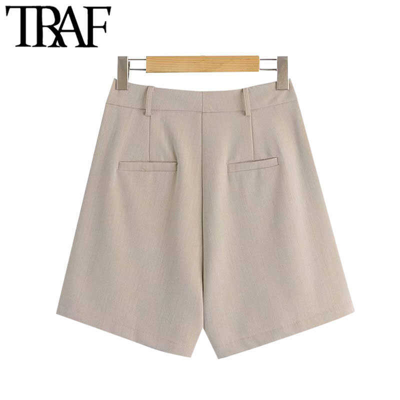 TRAF Women Chic Fashion Office Wear Side Pockets Shorts Vintage High Waist Zipper Fly Female Short Pants Mujer 210714