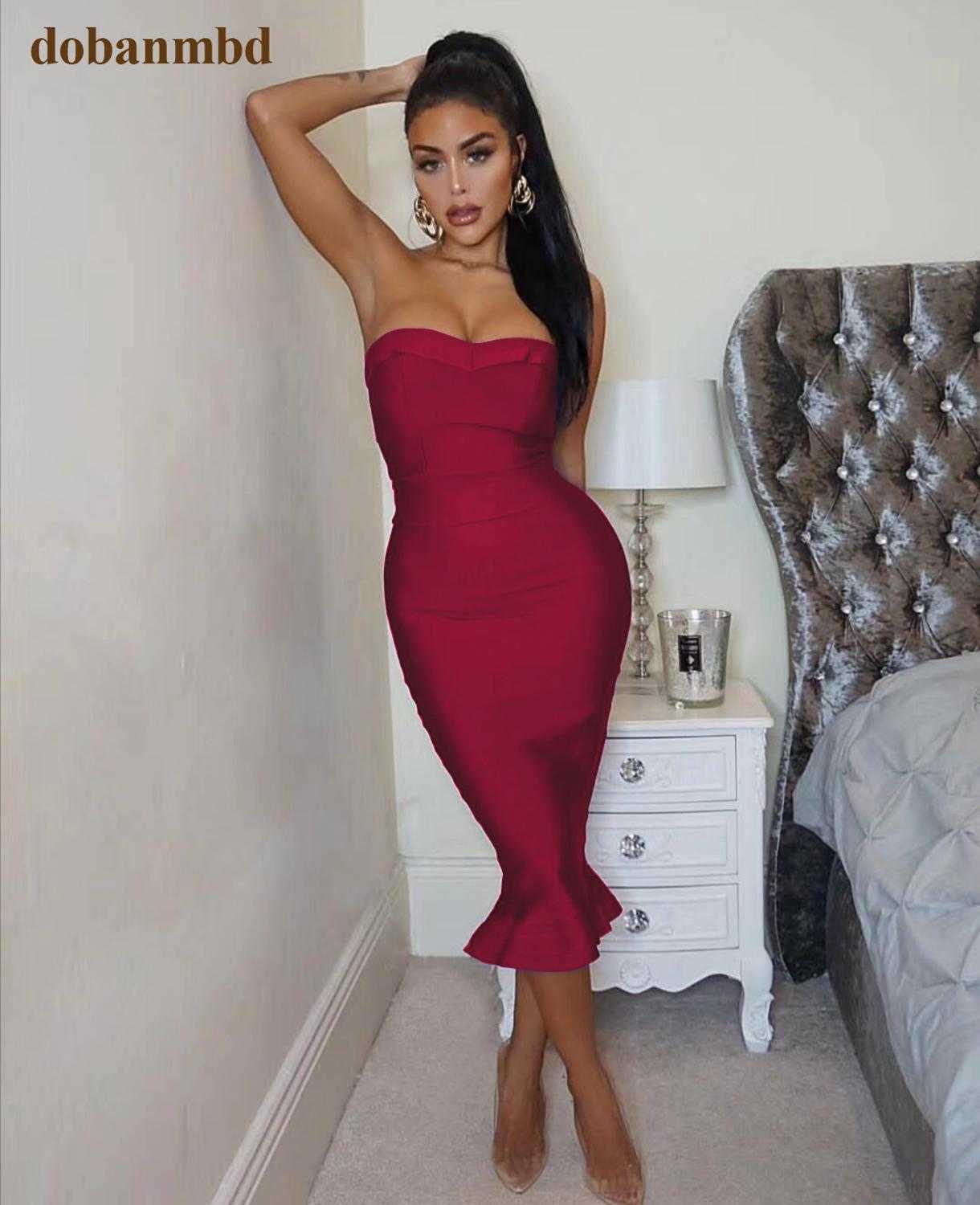 Women's Fashion Sexy Bandage Dress Party Strapless Bodycon Fishtail Knitted Autumn Mermaid Christmas Vestido 210623