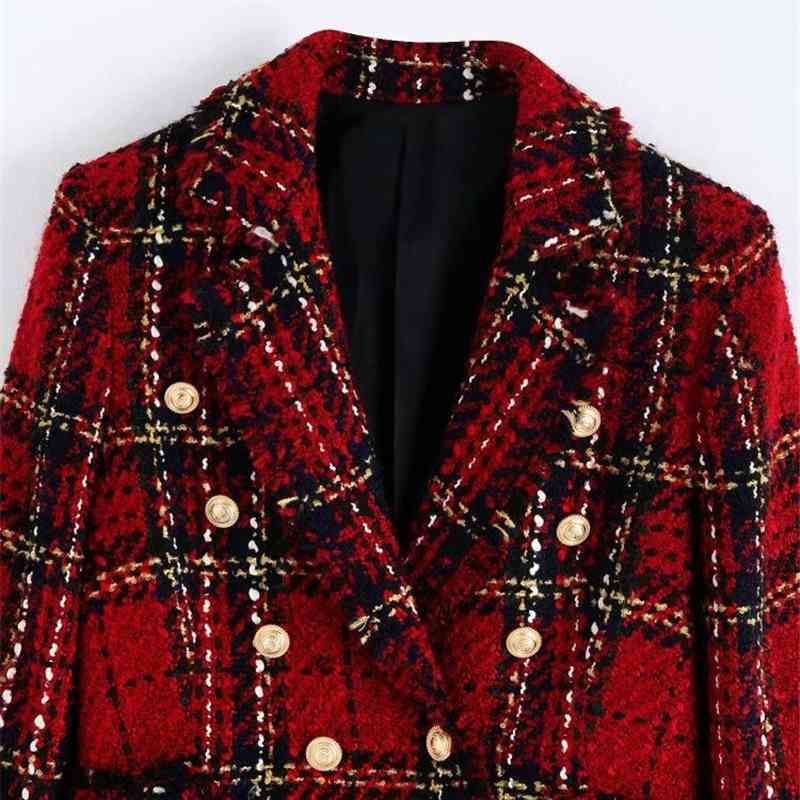 Vintage Women Red Plaid Coats Fashion Ladies Woolen Double Breasted Jackets Elegant Female Chic Notched Collar Blazers 210430