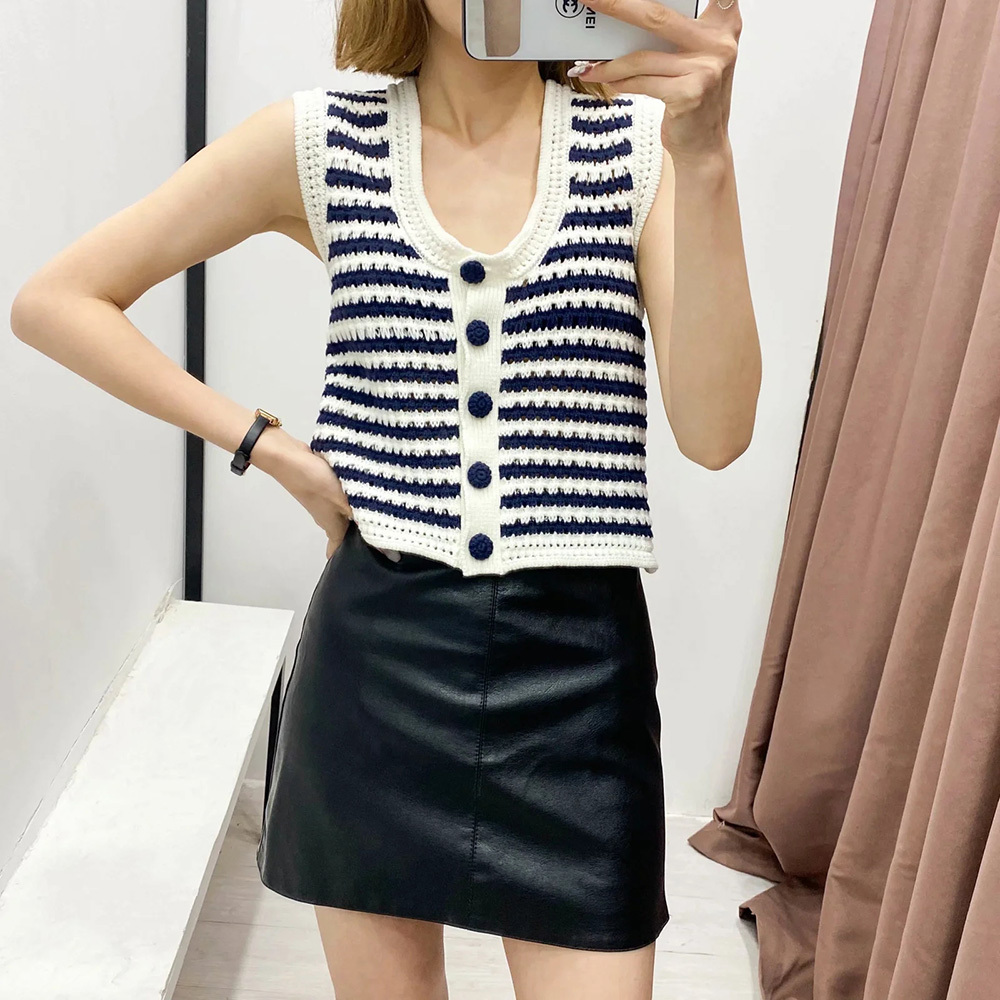 BBWM Women Sweater Vest White Navy Striped Knitted Vest Female Summer Cropped V-Neck Waistcoat Tops 210520