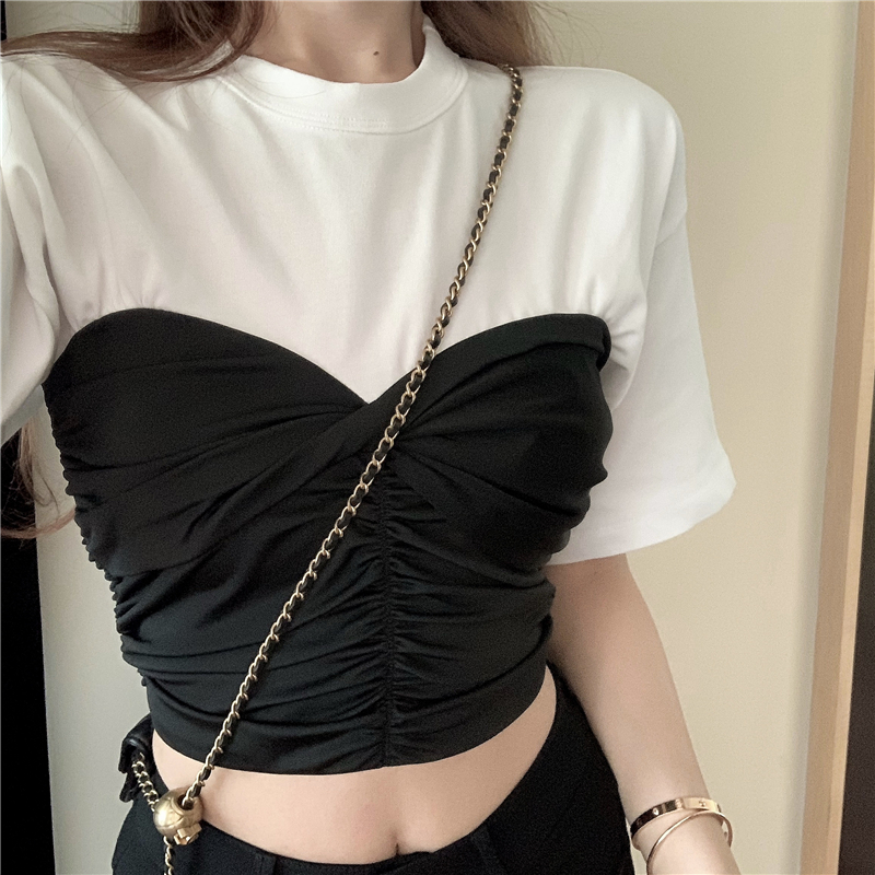 Summer korean style short sleeve crop top loose faux two pieces womens tee shirt femme (R98281), White
Summer korean style short sleeve crop top loose faux two pieces womens tee shirt femme (R98281), White