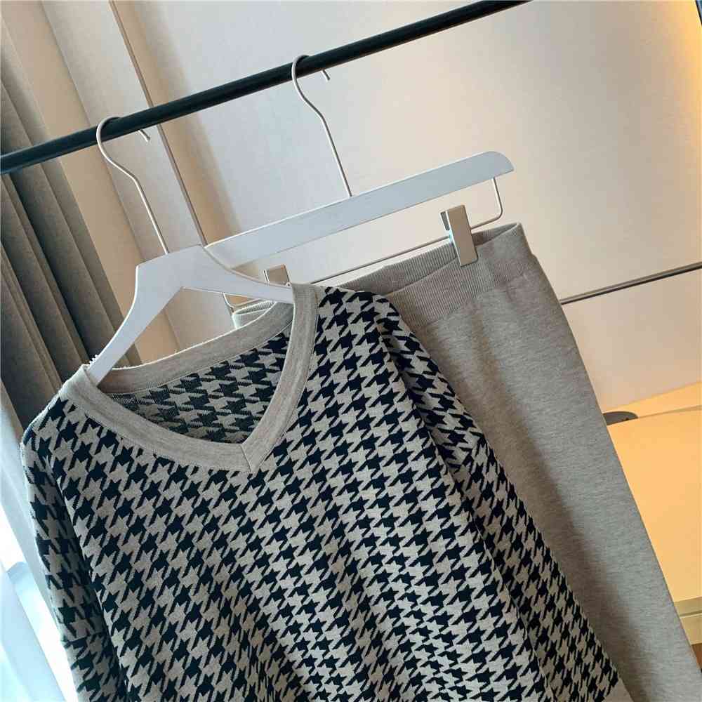 Autumn Winter Vintage Women Outfits Knit Houndstooth Pullover Sweaters + Wide leg pants Sets Woman Casual Fashion 2 Pieces Set 210519