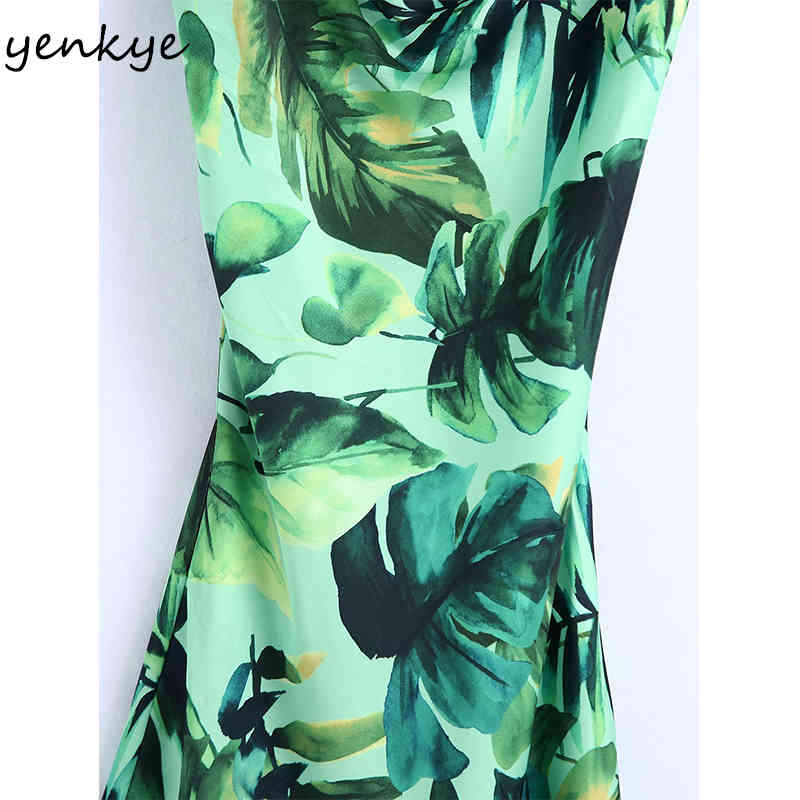 Summer Women Green Tropical Print Sling Long Dress Female Sleeveless Side Slits Sundress Sexy Vestido 210430
