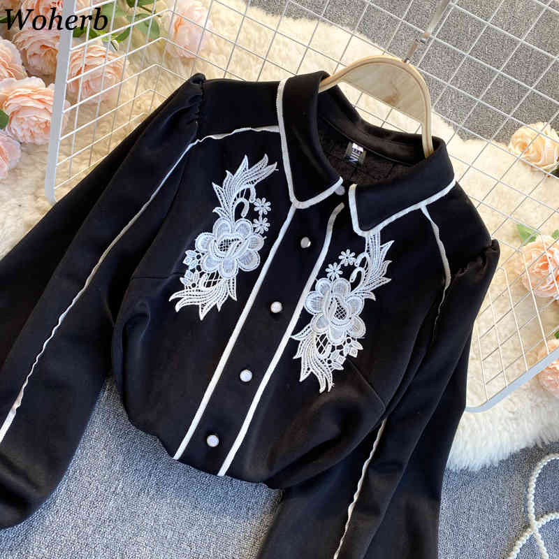Temperament Top Lady Vintage Lantern Sleeve Blouses Women Loose All-match Embroidery Shirts Chic Black Blusas Mujer 4H229 210519