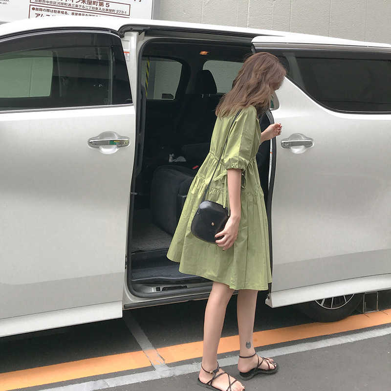 Summer Sweet Fresh Silm Waist Bandage Cute O-neck Folds Dresses for Women Fashion Office Lady Vestidos Female 210525