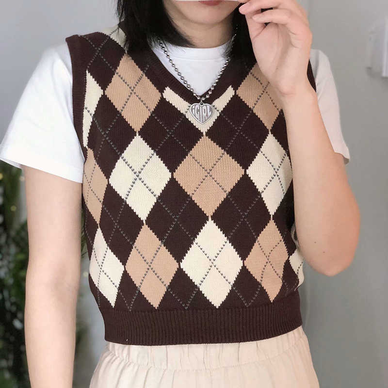 PUWD Slim Girls Bomb Arglye Sweaters Spring-Autumn Fashion Ladies Sweet V-Neck Knitted Vest Vintage Women Chic Knitwear 211014