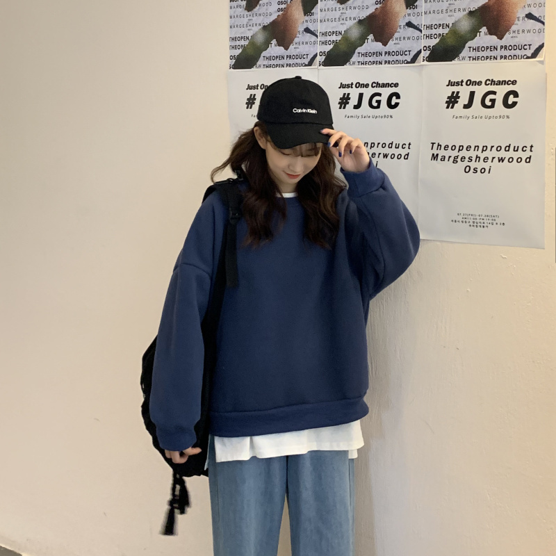 Solid O-neck Pullovers Hoodie Woman Korea Long-sleeved Loose Sweatshirts Women Casual Plus Cashmere Women's Winter Tops 210515