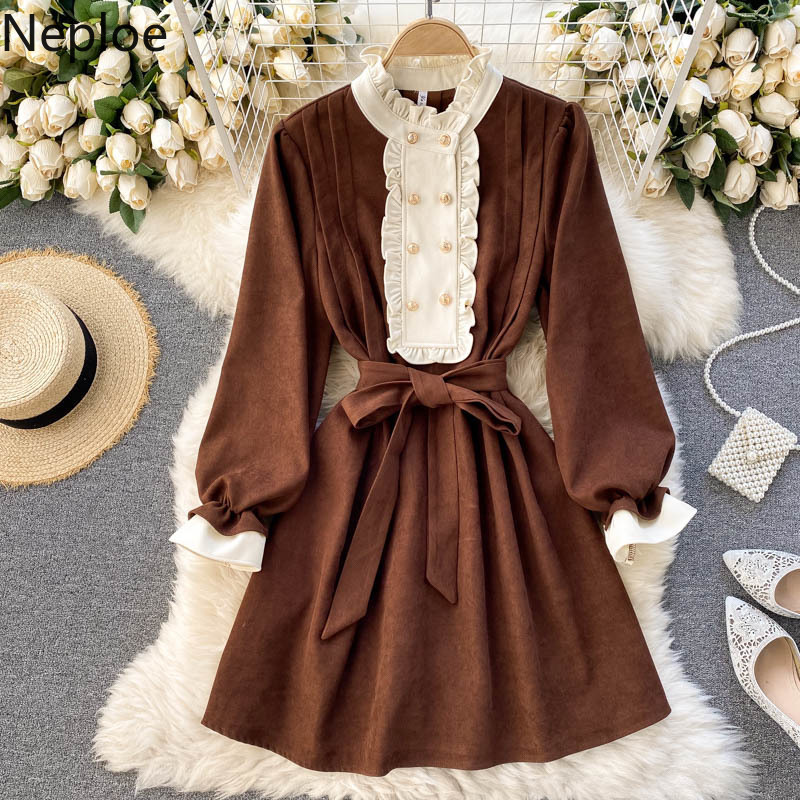 Neploe Vintage Woman Dress Chic Double-breasted Slim Mini Dresses Women Ruffles Flare Sleeve Lace Up Robe Vestidos 4G849 210422